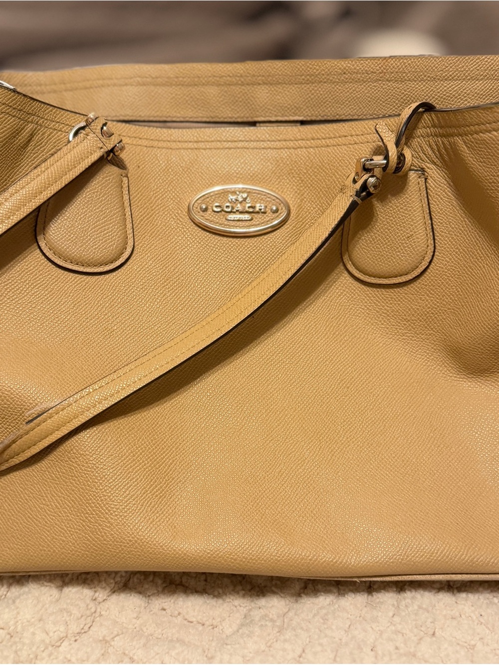 COACH Mustard/Tan Pebble Leather Tote with Logo Plaque
